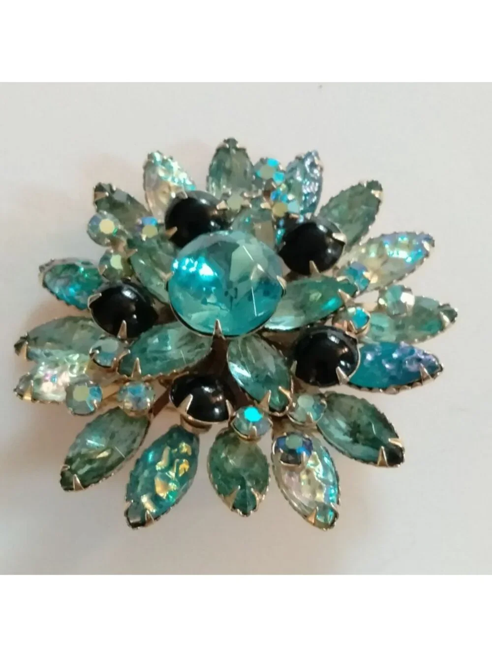 Blue Rhinestone Flower Brooch Aqua Marquise Lava Glass Black Vintage Statement